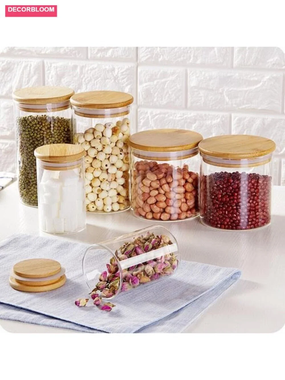 Set of 5 Glass Food Storage Jars with Bamboo Lids Airtight Kitchen Canisters
